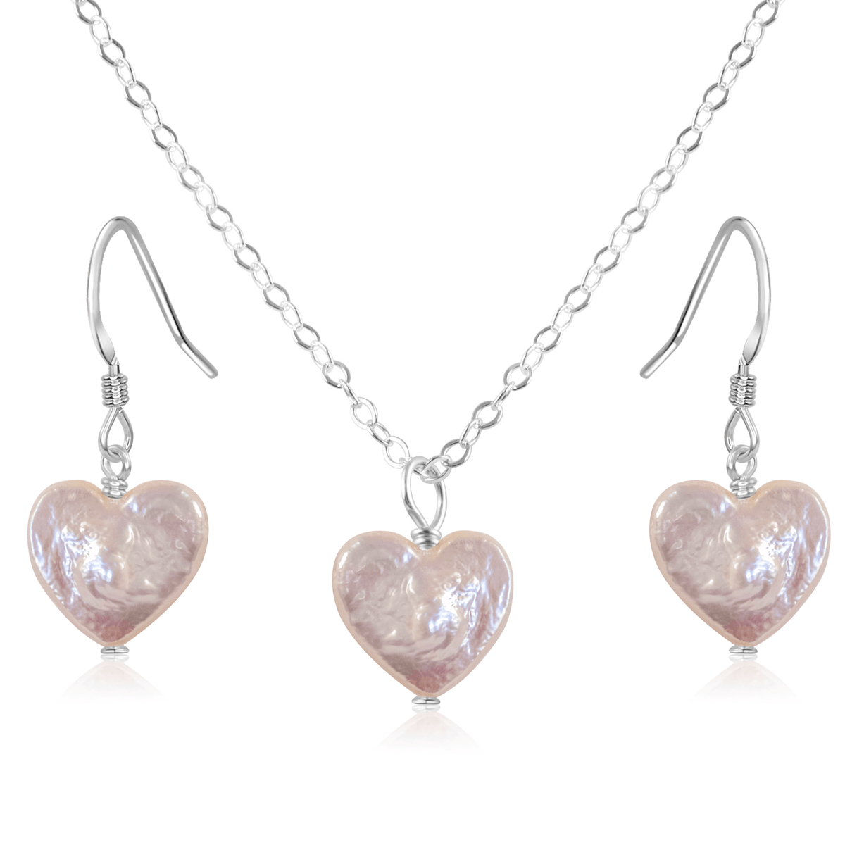 Freshwater Pearl Heart Jewellery Set - Freshwater Pearl Heart Jewellery Set - Sterling Silver / Cable / Necklace & Earrings - Luna Tide Handmade Crystal Jewellery