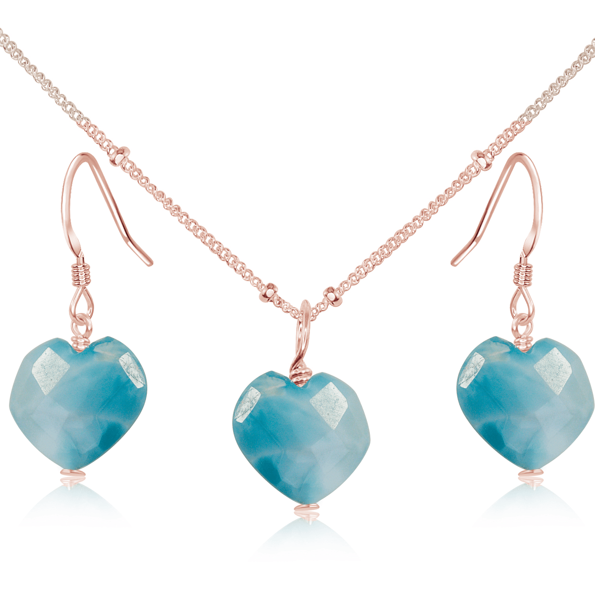 Larimar Crystal Heart Jewellery Set - Larimar Crystal Heart Jewellery Set - 14k Rose Gold Fill / Satellite / Necklace & Earrings - Luna Tide Handmade Crystal Jewellery