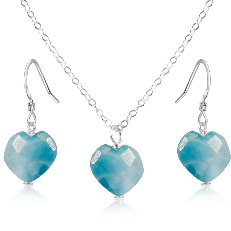 Larimar Crystal Heart Jewellery Set - Larimar Crystal Heart Jewellery Set - Sterling Silver / Cable / Necklace & Earrings - Luna Tide Handmade Crystal Jewellery
