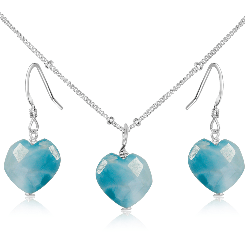 Larimar Crystal Heart Jewellery Set - Larimar Crystal Heart Jewellery Set - Sterling Silver / Satellite / Necklace & Earrings - Luna Tide Handmade Crystal Jewellery