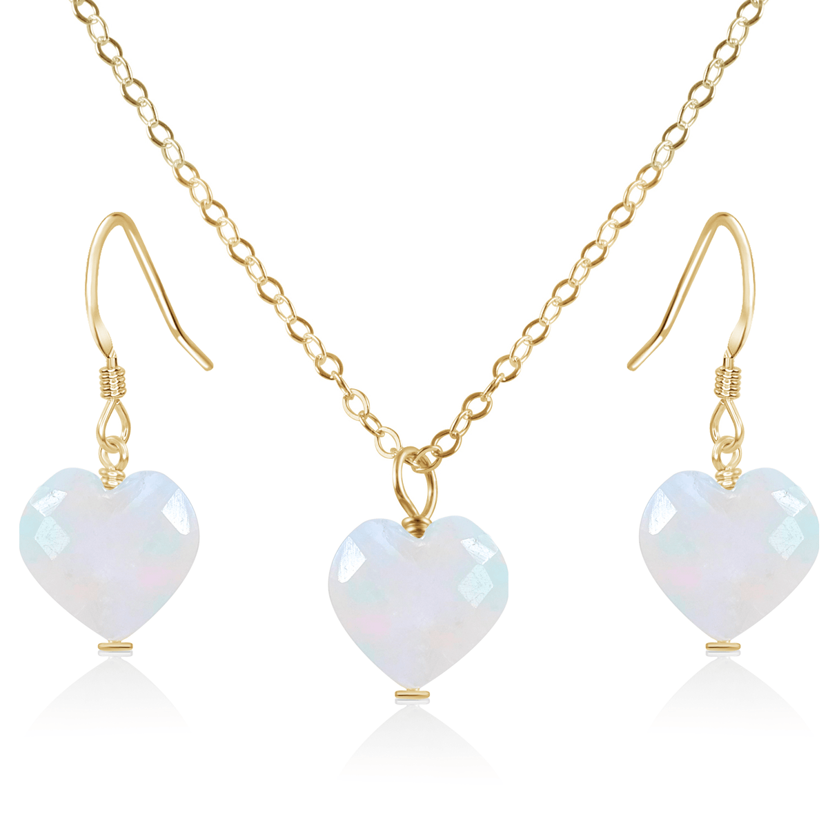 Rainbow Moonstone Crystal Heart Jewellery Set - Rainbow Moonstone Crystal Heart Jewellery Set - 14k Gold Fill / Cable / Necklace & Earrings - Luna Tide Handmade Crystal Jewellery