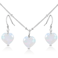 Rainbow Moonstone Crystal Heart Jewellery Set - Rainbow Moonstone Crystal Heart Jewellery Set - Sterling Silver / Satellite / Necklace & Earrings - Luna Tide Handmade Crystal Jewellery