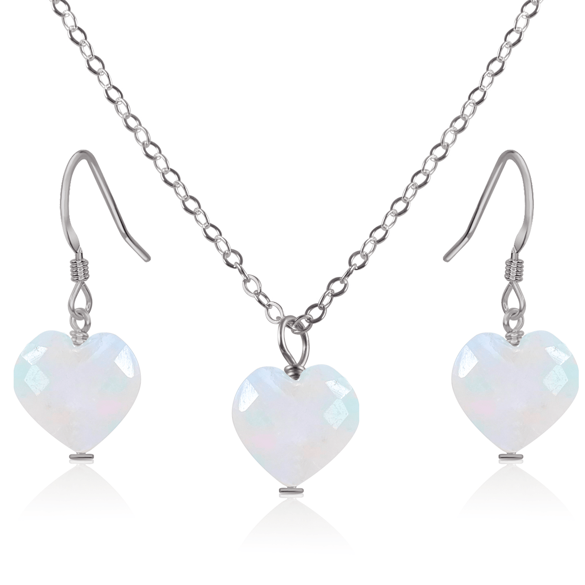 Rainbow Moonstone Crystal Heart Jewellery Set - Rainbow Moonstone Crystal Heart Jewellery Set - Stainless Steel / Cable / Necklace & Earrings - Luna Tide Handmade Crystal Jewellery