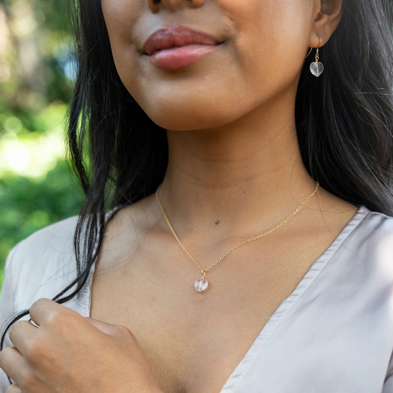 Rose Quartz Crystal Heart Jewellery Set - Rose Quartz Crystal Heart Jewellery Set - 14k Gold Fill / Cable / Necklace & Earrings & Bracelet - Luna Tide Handmade Crystal Jewellery