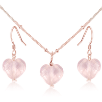 Rose Quartz Crystal Heart Jewellery Set - Rose Quartz Crystal Heart Jewellery Set - 14k Rose Gold Fill / Satellite / Necklace & Earrings - Luna Tide Handmade Crystal Jewellery