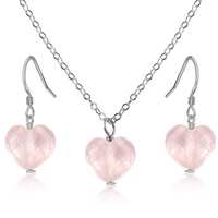 Rose Quartz Crystal Heart Jewellery Set - Rose Quartz Crystal Heart Jewellery Set - Stainless Steel / Cable / Necklace & Earrings - Luna Tide Handmade Crystal Jewellery