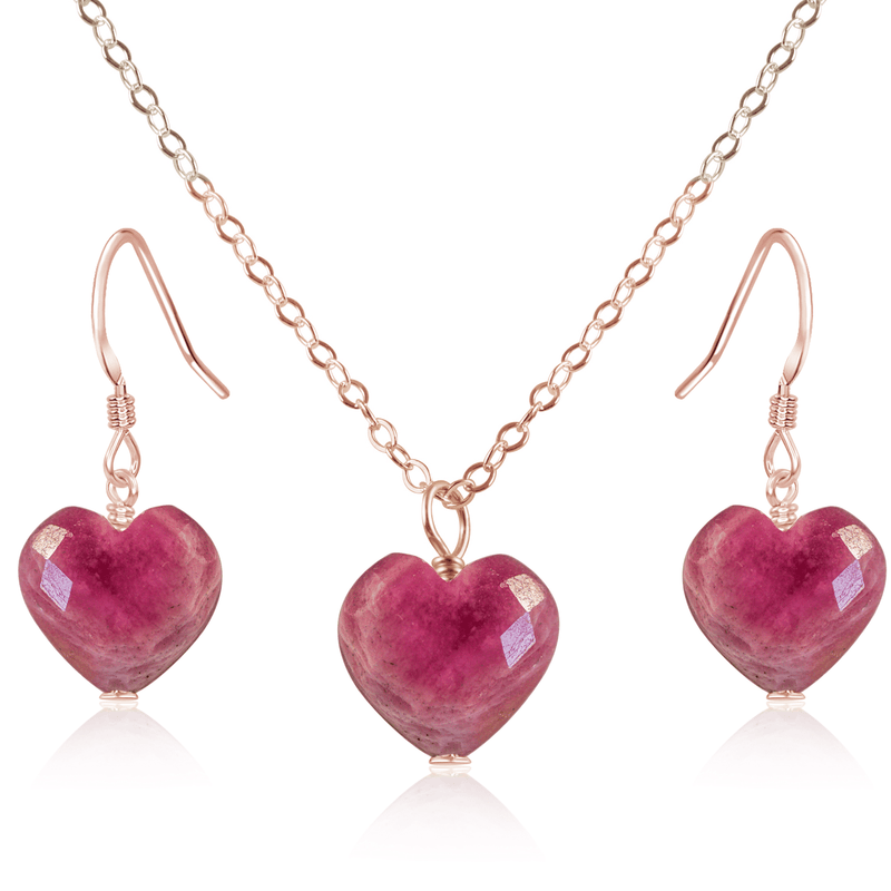 Ruby Crystal Heart Jewellery Set - Ruby Crystal Heart Jewellery Set - 14k Rose Gold Fill / Cable / Necklace & Earrings - Luna Tide Handmade Crystal Jewellery