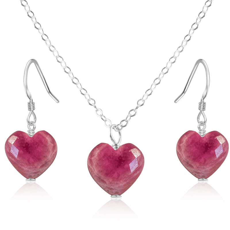 Ruby Crystal Heart Jewellery Set - Ruby Crystal Heart Jewellery Set - Sterling Silver / Cable / Necklace & Earrings - Luna Tide Handmade Crystal Jewellery