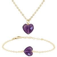 Amethyst Crystal Heart Jewellery Set - Amethyst Crystal Heart Jewellery Set - 14k Gold Fill / Cable / Necklace & Bracelet - Luna Tide Handmade Crystal Jewellery