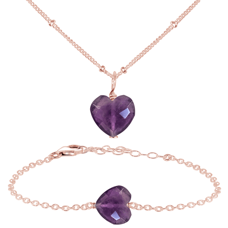 Amethyst Crystal Heart Jewellery Set - Amethyst Crystal Heart Jewellery Set - 14k Rose Gold Fill / Satellite / Necklace & Bracelet - Luna Tide Handmade Crystal Jewellery