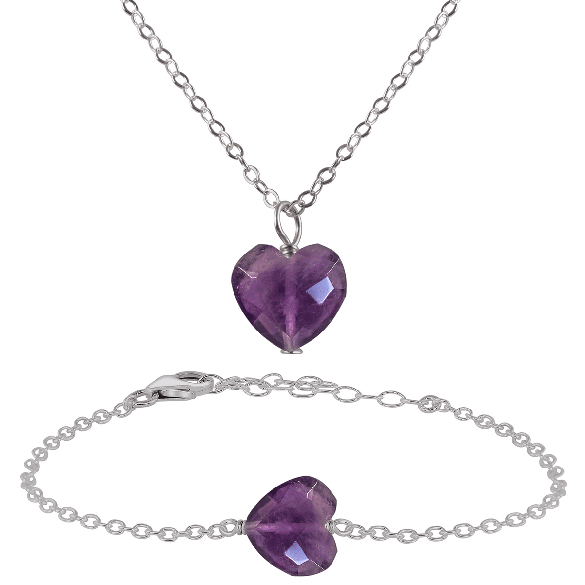 Amethyst Crystal Heart Jewellery Set - Amethyst Crystal Heart Jewellery Set - Stainless Steel / Cable / Necklace & Bracelet - Luna Tide Handmade Crystal Jewellery