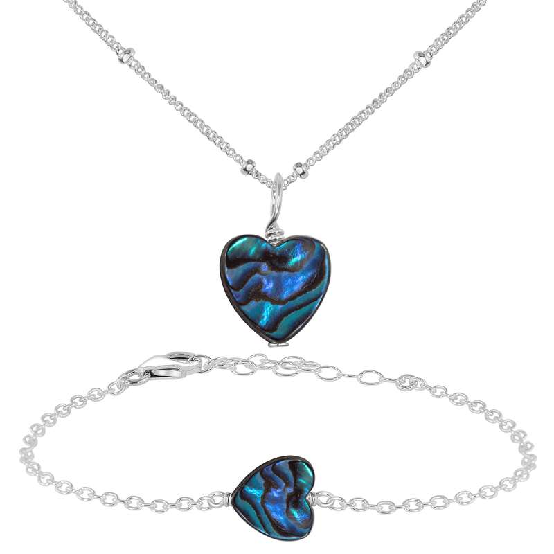 Abalone Shell Heart Jewellery Set - Abalone Shell Heart Jewellery Set - Sterling Silver / Satellite / Necklace & Bracelet - Luna Tide Handmade Crystal Jewellery