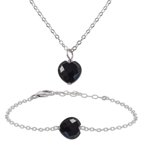 Black Onyx Crystal Heart Jewellery Set - Black Onyx Crystal Heart Jewellery Set - Stainless Steel / Cable / Necklace & Bracelet - Luna Tide Handmade Crystal Jewellery