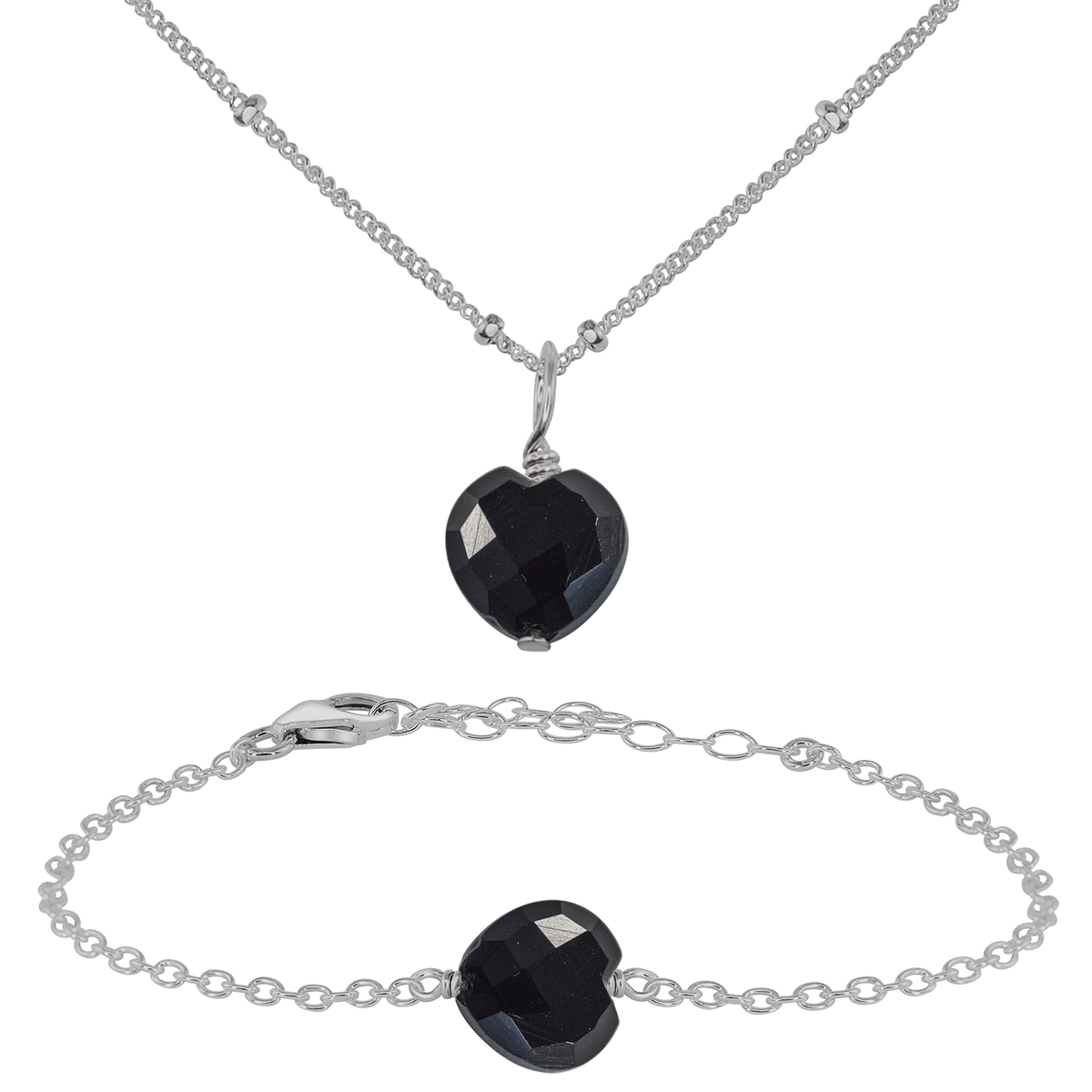 Black Onyx Crystal Heart Jewellery Set - Black Onyx Crystal Heart Jewellery Set - Stainless Steel / Satellite / Necklace & Bracelet - Luna Tide Handmade Crystal Jewellery