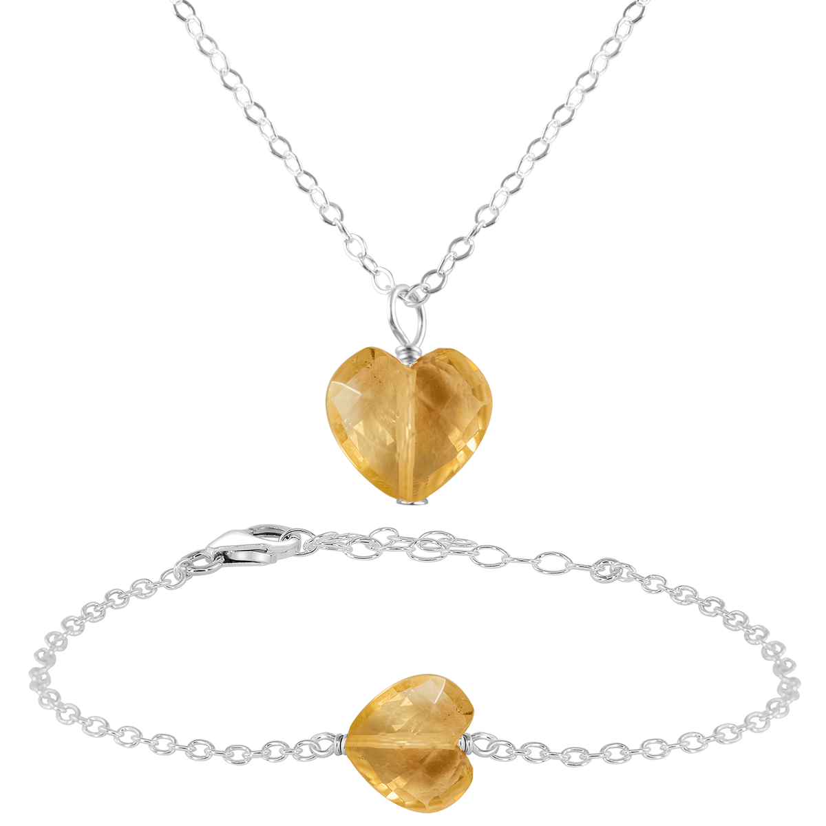 Citrine Crystal Heart Jewellery Set - Citrine Crystal Heart Jewellery Set - Sterling Silver / Cable / Necklace & Bracelet - Luna Tide Handmade Crystal Jewellery