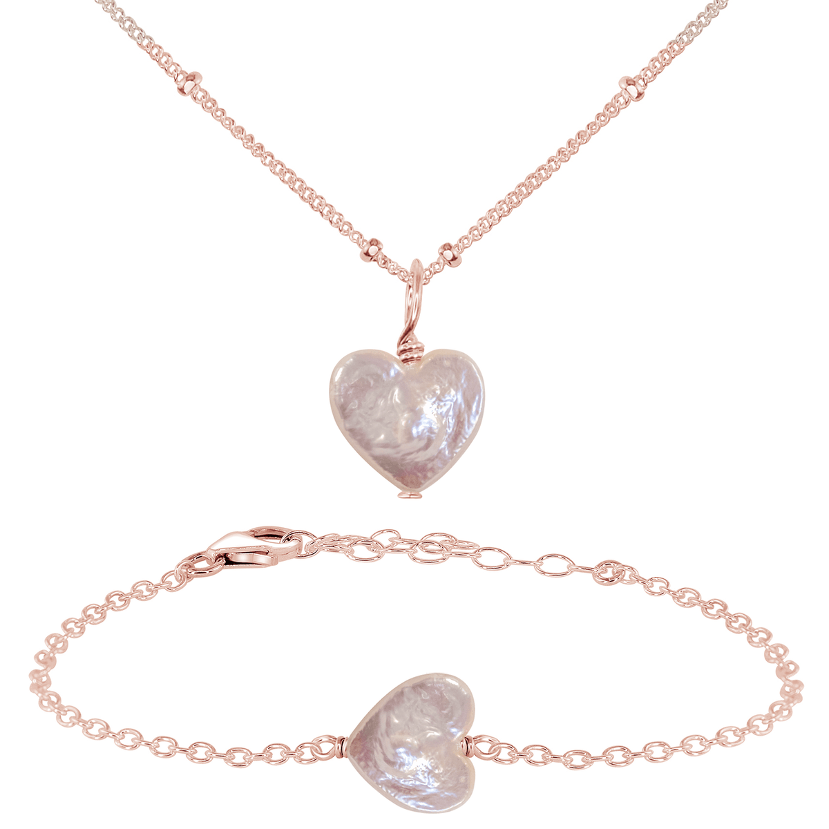 Freshwater Pearl Heart Jewellery Set - Freshwater Pearl Heart Jewellery Set - 14k Rose Gold Fill / Satellite / Necklace & Bracelet - Luna Tide Handmade Crystal Jewellery