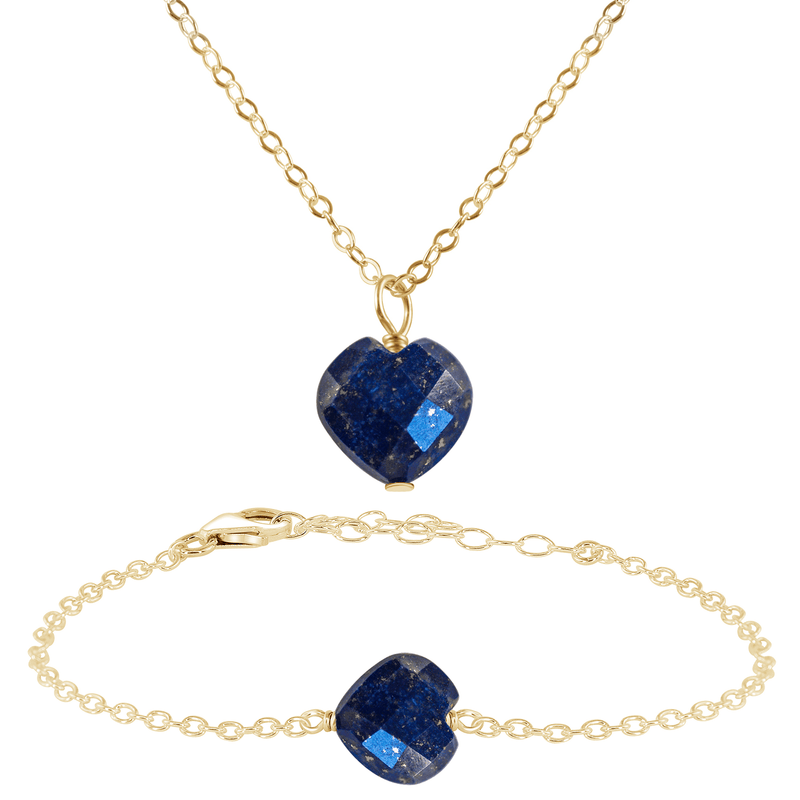 Lapis Lazuli Crystal Heart Jewellery Set - Lapis Lazuli Crystal Heart Jewellery Set - 14k Gold Fill / Cable / Necklace & Bracelet - Luna Tide Handmade Crystal Jewellery