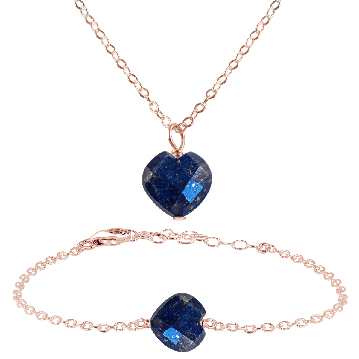 Lapis Lazuli Crystal Heart Jewellery Set - Lapis Lazuli Crystal Heart Jewellery Set - 14k Rose Gold Fill / Cable / Necklace & Bracelet - Luna Tide Handmade Crystal Jewellery
