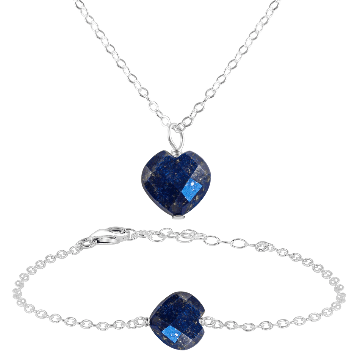 Lapis Lazuli Crystal Heart Jewellery Set - Lapis Lazuli Crystal Heart Jewellery Set - Sterling Silver / Cable / Necklace & Bracelet - Luna Tide Handmade Crystal Jewellery