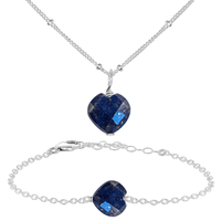 Lapis Lazuli Crystal Heart Jewellery Set - Lapis Lazuli Crystal Heart Jewellery Set - Sterling Silver / Satellite / Necklace & Bracelet - Luna Tide Handmade Crystal Jewellery