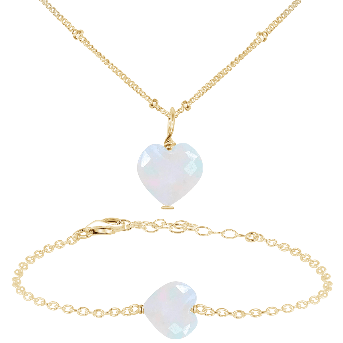Rainbow Moonstone Crystal Heart Jewellery Set - Rainbow Moonstone Crystal Heart Jewellery Set - 14k Gold Fill / Satellite / Necklace & Bracelet - Luna Tide Handmade Crystal Jewellery