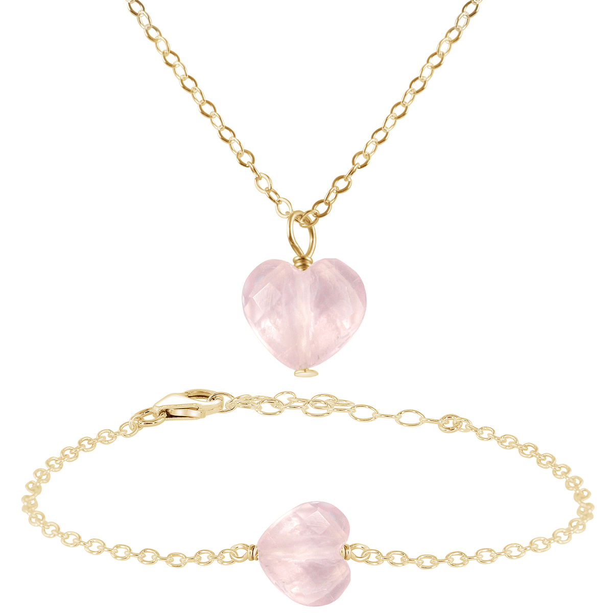 Rose Quartz Crystal Heart Jewellery Set - Rose Quartz Crystal Heart Jewellery Set - 14k Gold Fill / Cable / Necklace & Bracelet - Luna Tide Handmade Crystal Jewellery