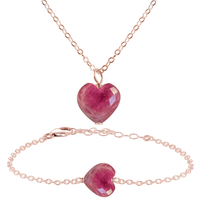 Ruby Crystal Heart Jewellery Set - Ruby Crystal Heart Jewellery Set - 14k Rose Gold Fill / Cable / Necklace & Bracelet - Luna Tide Handmade Crystal Jewellery