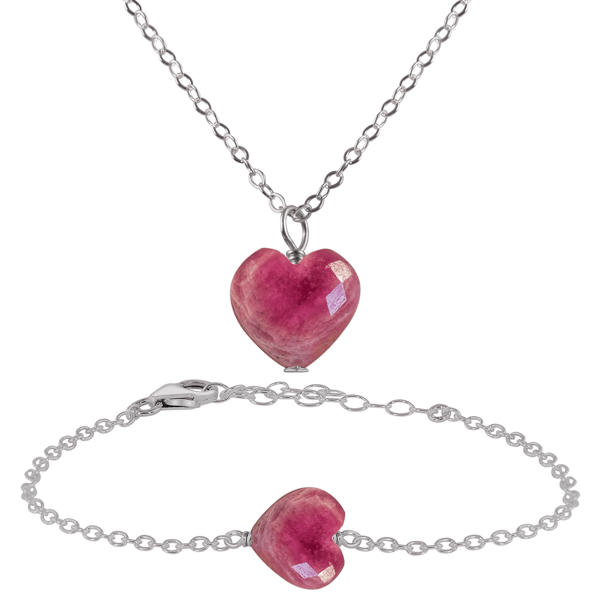 Ruby Crystal Heart Jewellery Set - Ruby Crystal Heart Jewellery Set - Stainless Steel / Cable / Necklace & Bracelet - Luna Tide Handmade Crystal Jewellery
