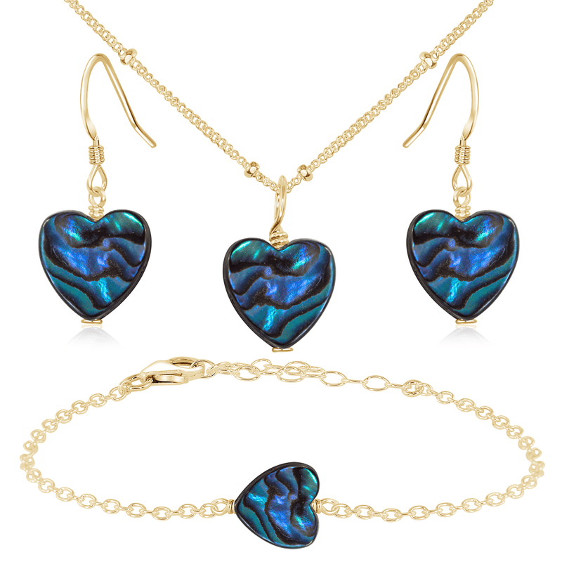 Abalone Shell Heart Jewellery Set - Abalone Shell Heart Jewellery Set - 14k Gold Fill / Satellite / Necklace & Earrings & Bracelet - Luna Tide Handmade Crystal Jewellery