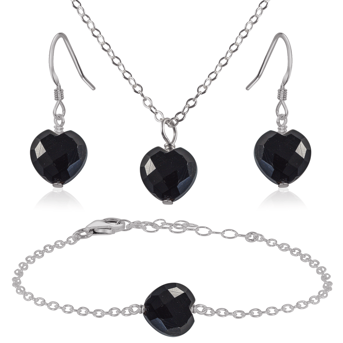 Black Onyx Crystal Heart Jewellery Set - Black Onyx Crystal Heart Jewellery Set - Stainless Steel / Cable / Necklace & Earrings & Bracelet - Luna Tide Handmade Crystal Jewellery