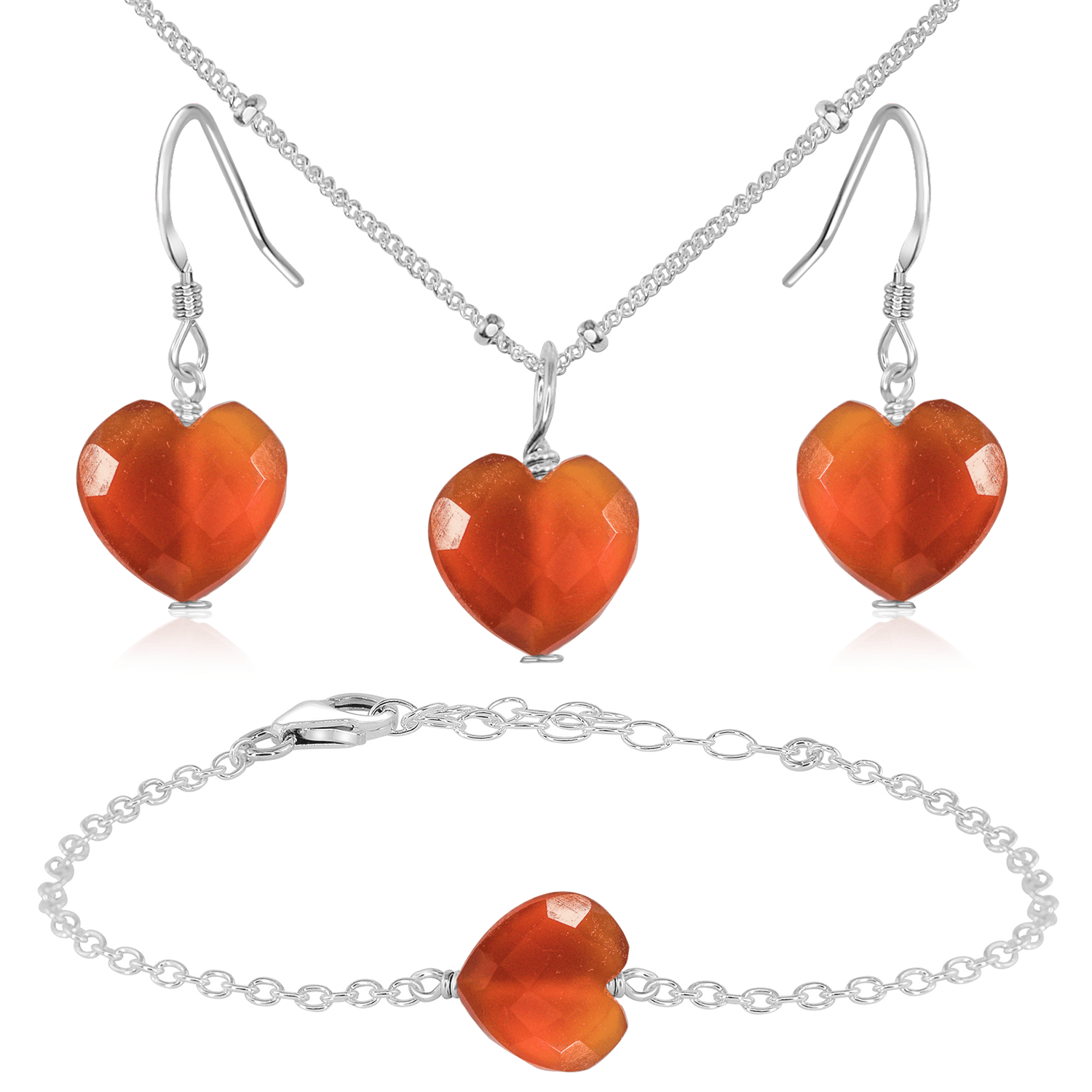 Carnelian Crystal Heart Jewellery Set - Carnelian Crystal Heart Jewellery Set - Sterling Silver / Satellite / Necklace & Earrings & Bracelet - Luna Tide Handmade Crystal Jewellery