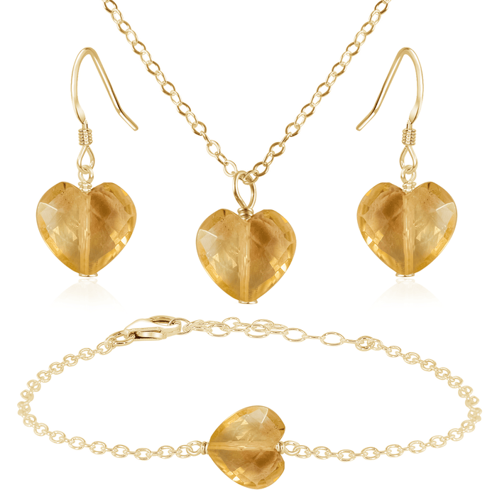 Citrine Crystal Heart Jewellery Set - Citrine Crystal Heart Jewellery Set - 14k Gold Fill / Cable / Necklace & Earrings & Bracelet - Luna Tide Handmade Crystal Jewellery