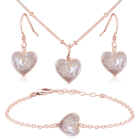 Freshwater Pearl Heart Jewellery Set - Freshwater Pearl Heart Jewellery Set - 14k Rose Gold Fill / Satellite / Necklace & Earrings & Bracelet - Luna Tide Handmade Crystal Jewellery