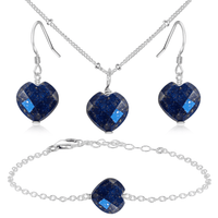 Lapis Lazuli Crystal Heart Jewellery Set - Lapis Lazuli Crystal Heart Jewellery Set - Sterling Silver / Satellite / Necklace & Earrings & Bracelet - Luna Tide Handmade Crystal Jewellery