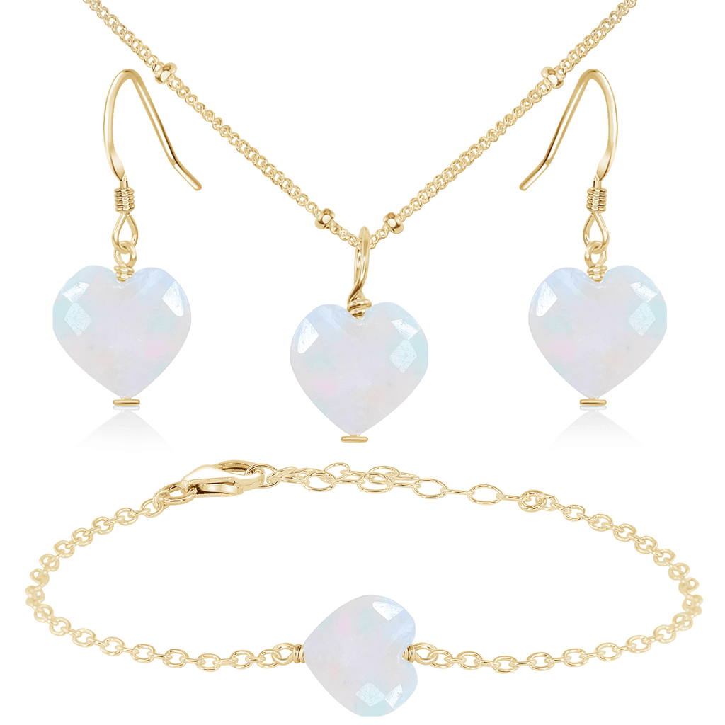 Rainbow Moonstone Crystal Heart Jewellery Set - Rainbow Moonstone Crystal Heart Jewellery Set - 14k Gold Fill / Satellite / Necklace & Earrings & Bracelet - Luna Tide Handmade Crystal Jewellery