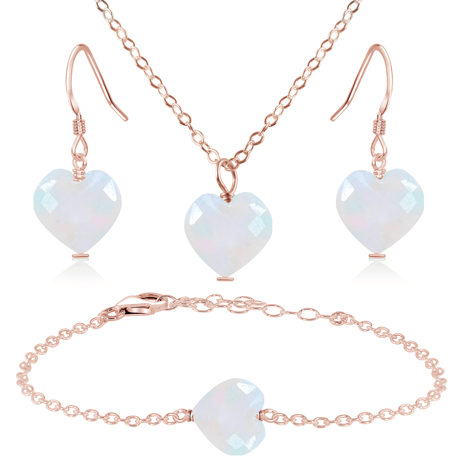 Rainbow Moonstone Crystal Heart Jewellery Set - Rainbow Moonstone Crystal Heart Jewellery Set - 14k Rose Gold Fill / Cable / Necklace & Earrings & Bracelet - Luna Tide Handmade Crystal Jewellery