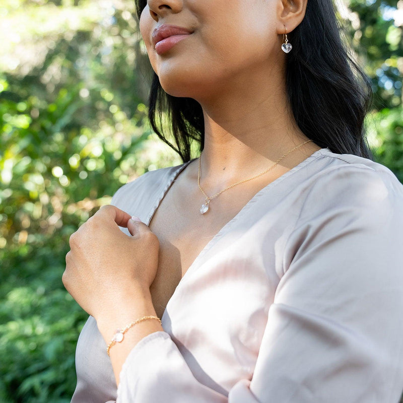 Rose Quartz Crystal Heart Jewellery Set - Rose Quartz Crystal Heart Jewellery Set - 14k Gold Fill / Cable / Necklace & Earrings & Bracelet - Luna Tide Handmade Crystal Jewellery