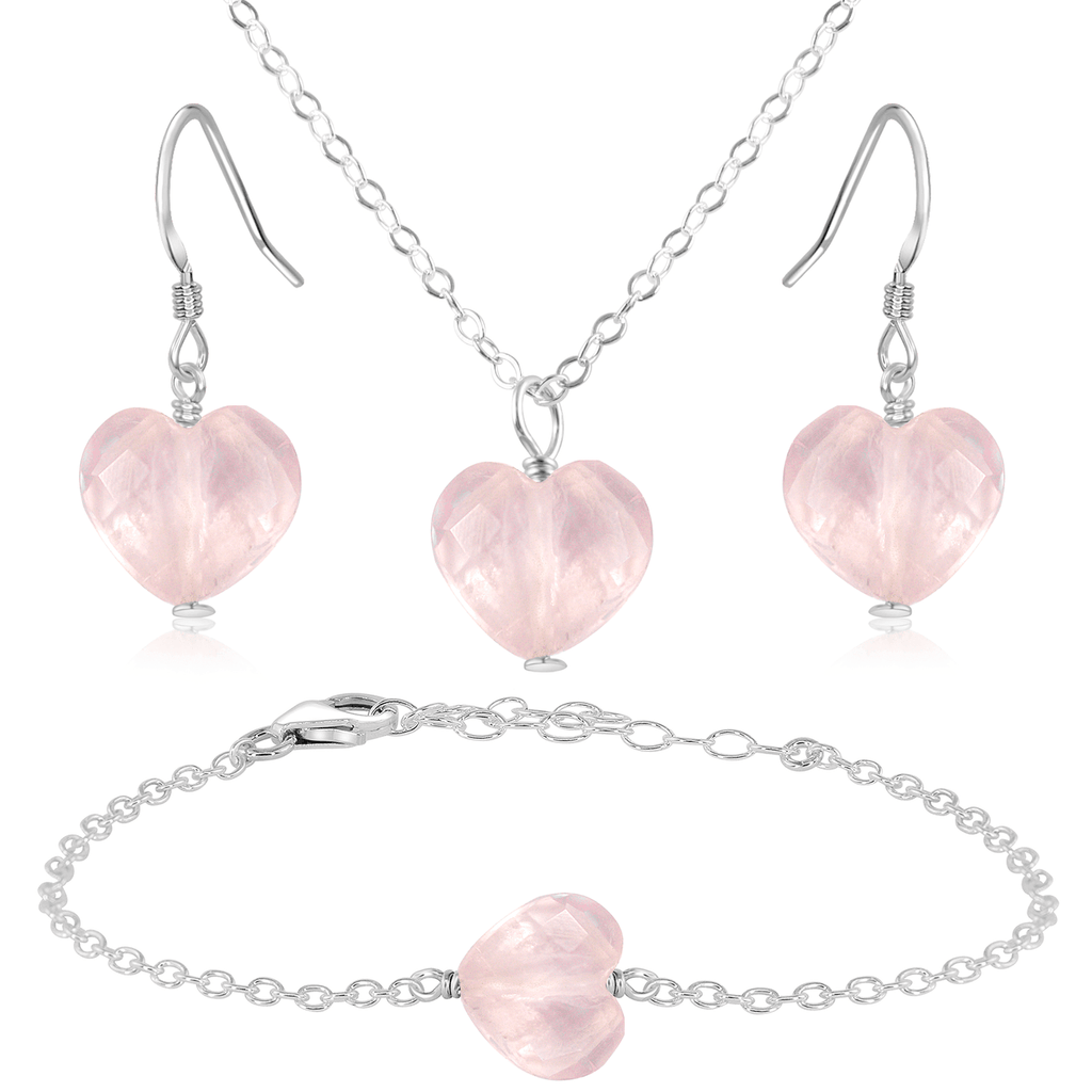 Rose Quartz Crystal Heart Jewellery Set - Rose Quartz Crystal Heart Jewellery Set - Sterling Silver / Cable / Necklace & Earrings & Bracelet - Luna Tide Handmade Crystal Jewellery