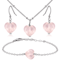 Rose Quartz Crystal Heart Jewellery Set - Rose Quartz Crystal Heart Jewellery Set - Stainless Steel / Satellite / Necklace & Earrings & Bracelet - Luna Tide Handmade Crystal Jewellery