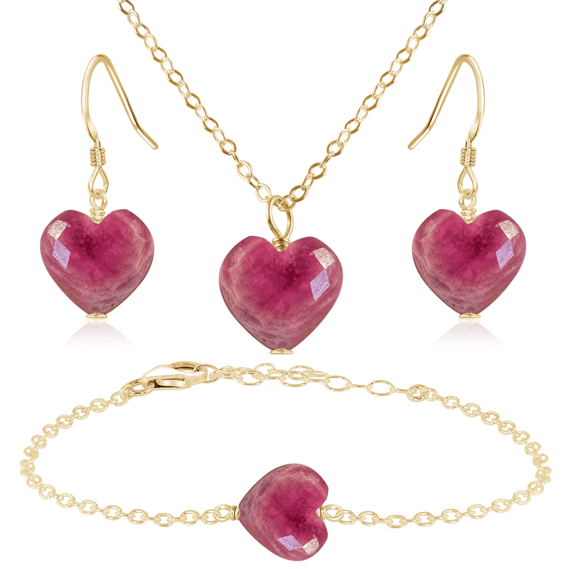 Ruby Crystal Heart Jewellery Set - Ruby Crystal Heart Jewellery Set - 14k Gold Fill / Cable / Necklace & Earrings & Bracelet - Luna Tide Handmade Crystal Jewellery