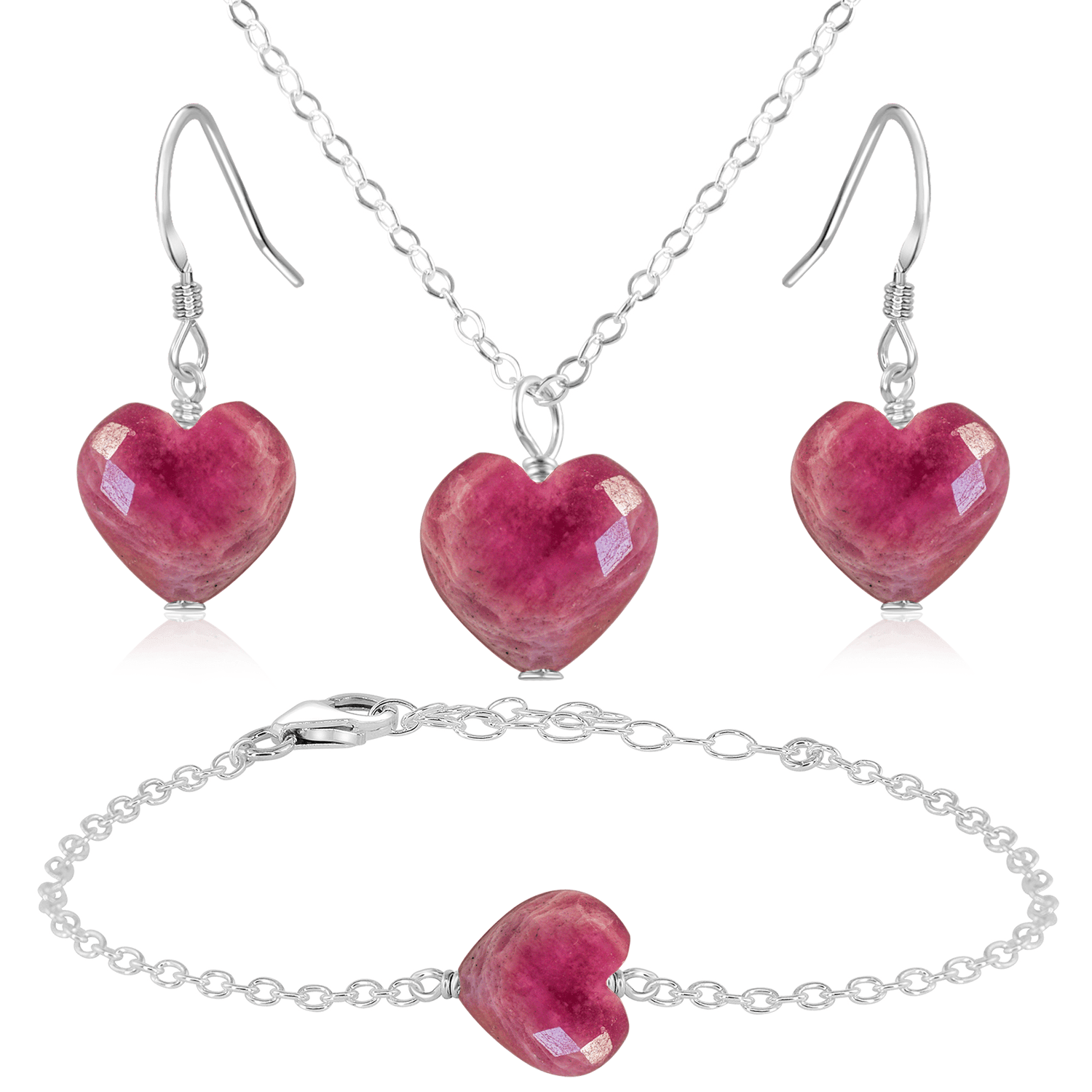 Ruby Crystal Heart Jewellery Set - Ruby Crystal Heart Jewellery Set - Sterling Silver / Cable / Necklace & Earrings & Bracelet - Luna Tide Handmade Crystal Jewellery