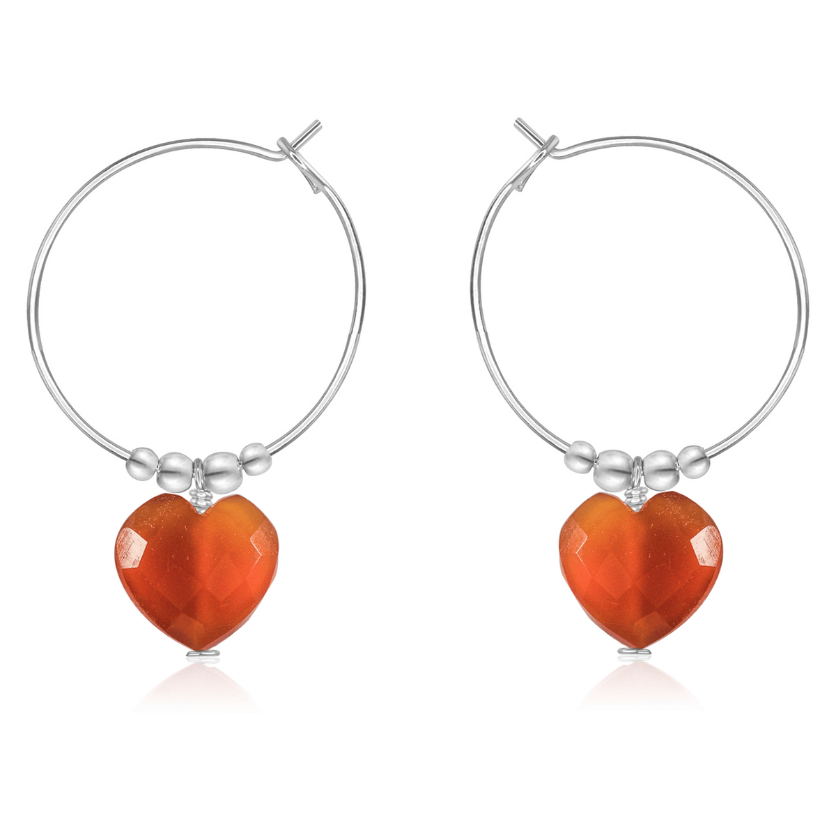 Carnelian Crystal Heart Dangle Hoop Earrings - Carnelian Crystal Heart Dangle Hoop Earrings - Sterling Silver - Luna Tide Handmade Crystal Jewellery
