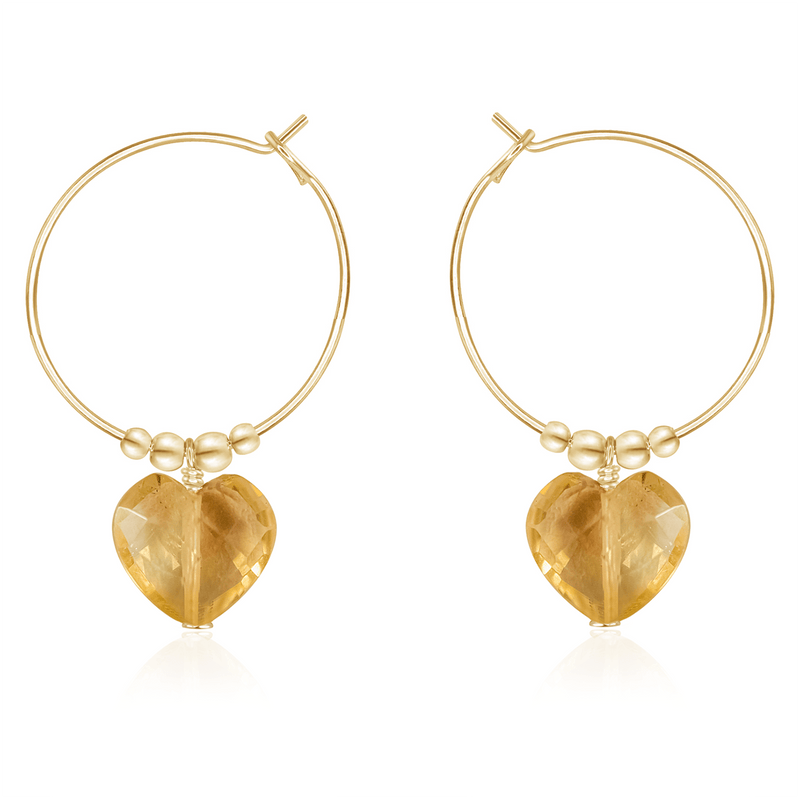 Citrine Crystal Heart Dangle Hoop Earrings - Citrine Crystal Heart Dangle Hoop Earrings - 14k Gold Fill - Luna Tide Handmade Crystal Jewellery