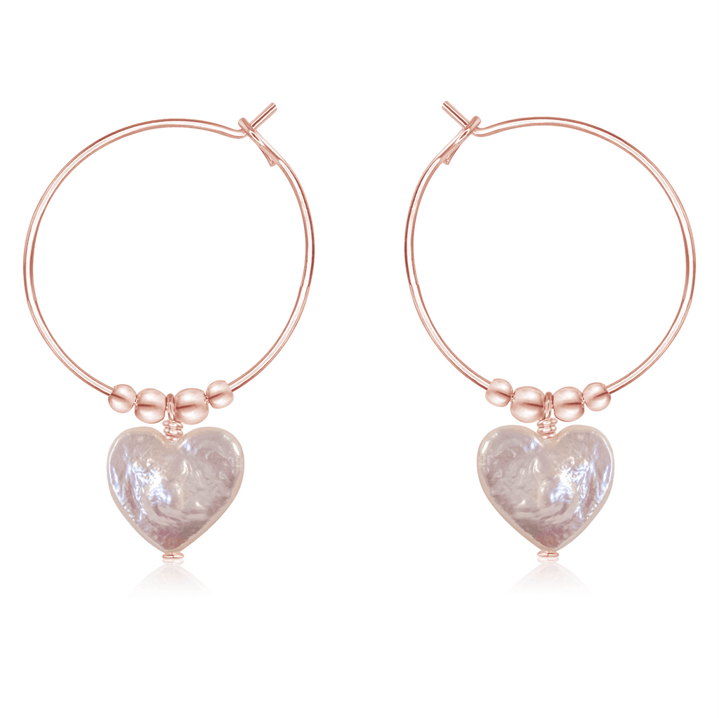 Freshwater Pearl Heart Dangle Hoop Earrings - Freshwater Pearl Heart Dangle Hoop Earrings - 14k Rose Gold Fill - Luna Tide Handmade Crystal Jewellery