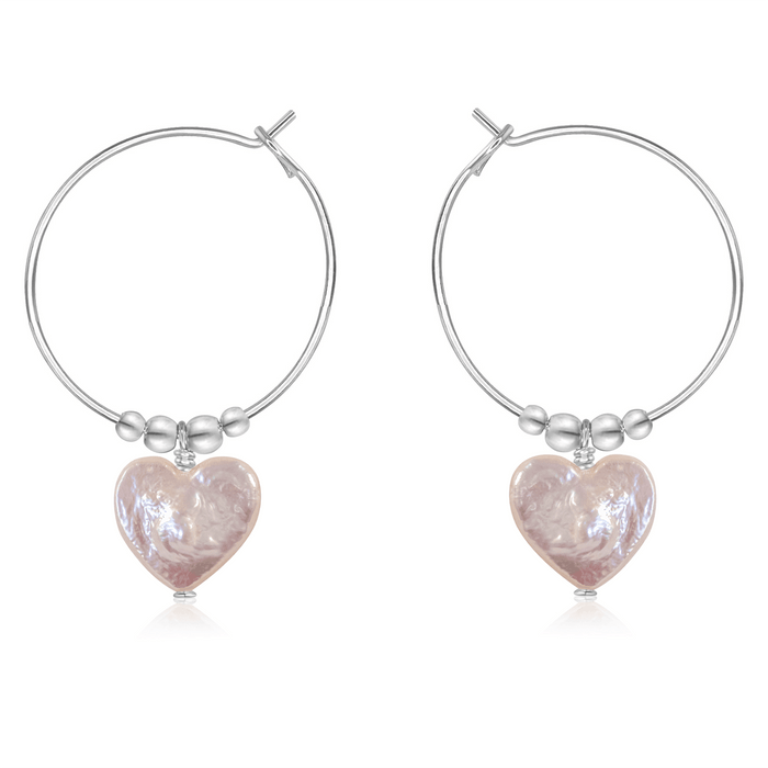 Freshwater Pearl Heart Dangle Hoop Earrings - Freshwater Pearl Heart Dangle Hoop Earrings - Sterling Silver - Luna Tide Handmade Crystal Jewellery