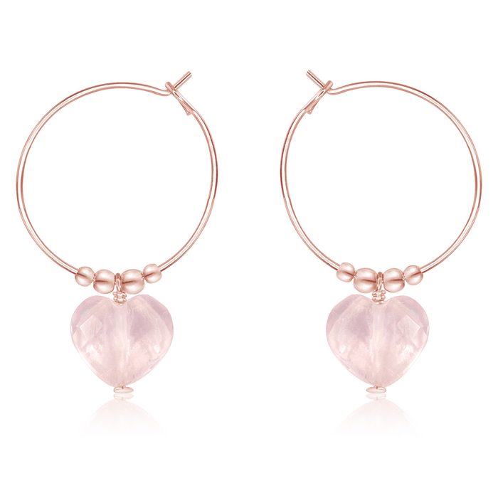 Rose Quartz Crystal Heart Dangle Hoop Earrings - Rose Quartz Crystal Heart Dangle Hoop Earrings - 14k Rose Gold Fill - Luna Tide Handmade Crystal Jewellery