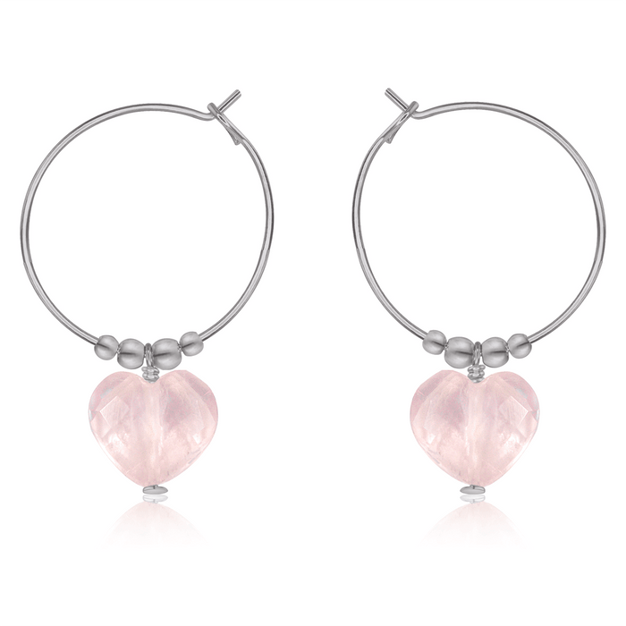 Rose Quartz Crystal Heart Dangle Hoop Earrings - Rose Quartz Crystal Heart Dangle Hoop Earrings - Stainless Steel - Luna Tide Handmade Crystal Jewellery