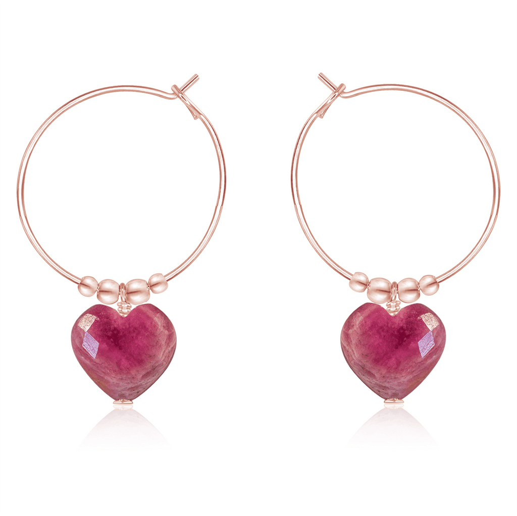 Ruby Crystal Heart Dangle Hoop Earrings - Ruby Crystal Heart Dangle Hoop Earrings - 14k Rose Gold Fill - Luna Tide Handmade Crystal Jewellery