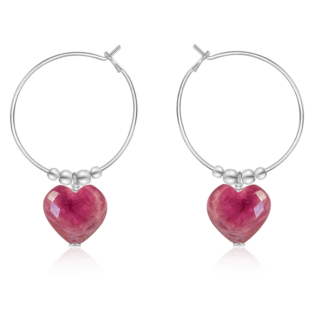 Ruby Crystal Heart Dangle Hoop Earrings - Ruby Crystal Heart Dangle Hoop Earrings - Sterling Silver - Luna Tide Handmade Crystal Jewellery