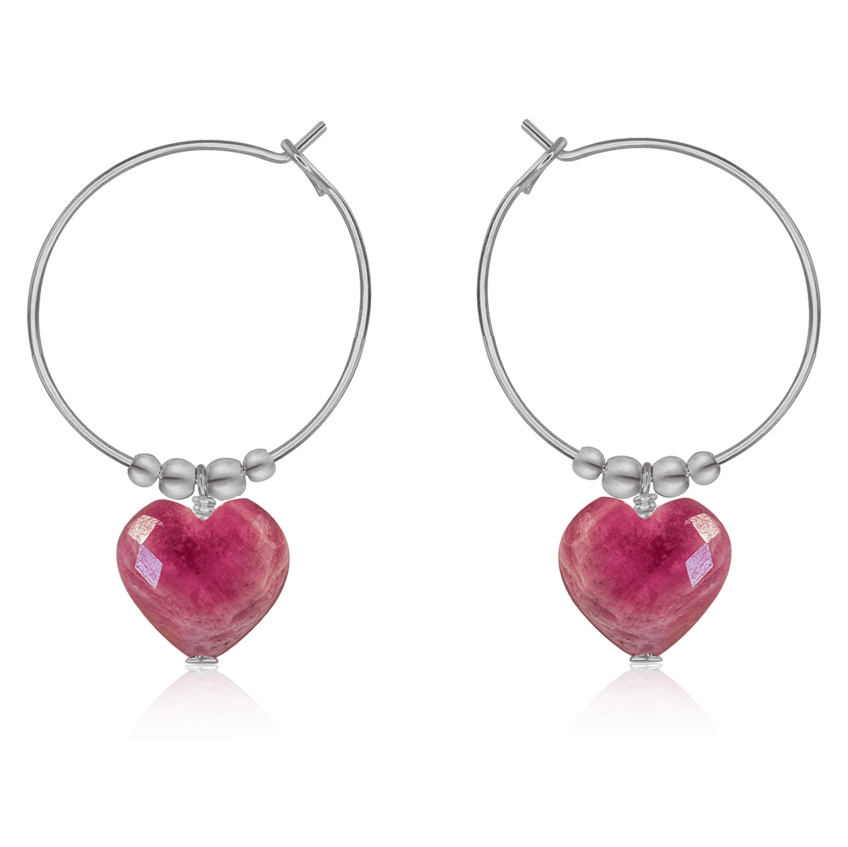 Ruby Crystal Heart Dangle Hoop Earrings - Ruby Crystal Heart Dangle Hoop Earrings - Stainless Steel - Luna Tide Handmade Crystal Jewellery
